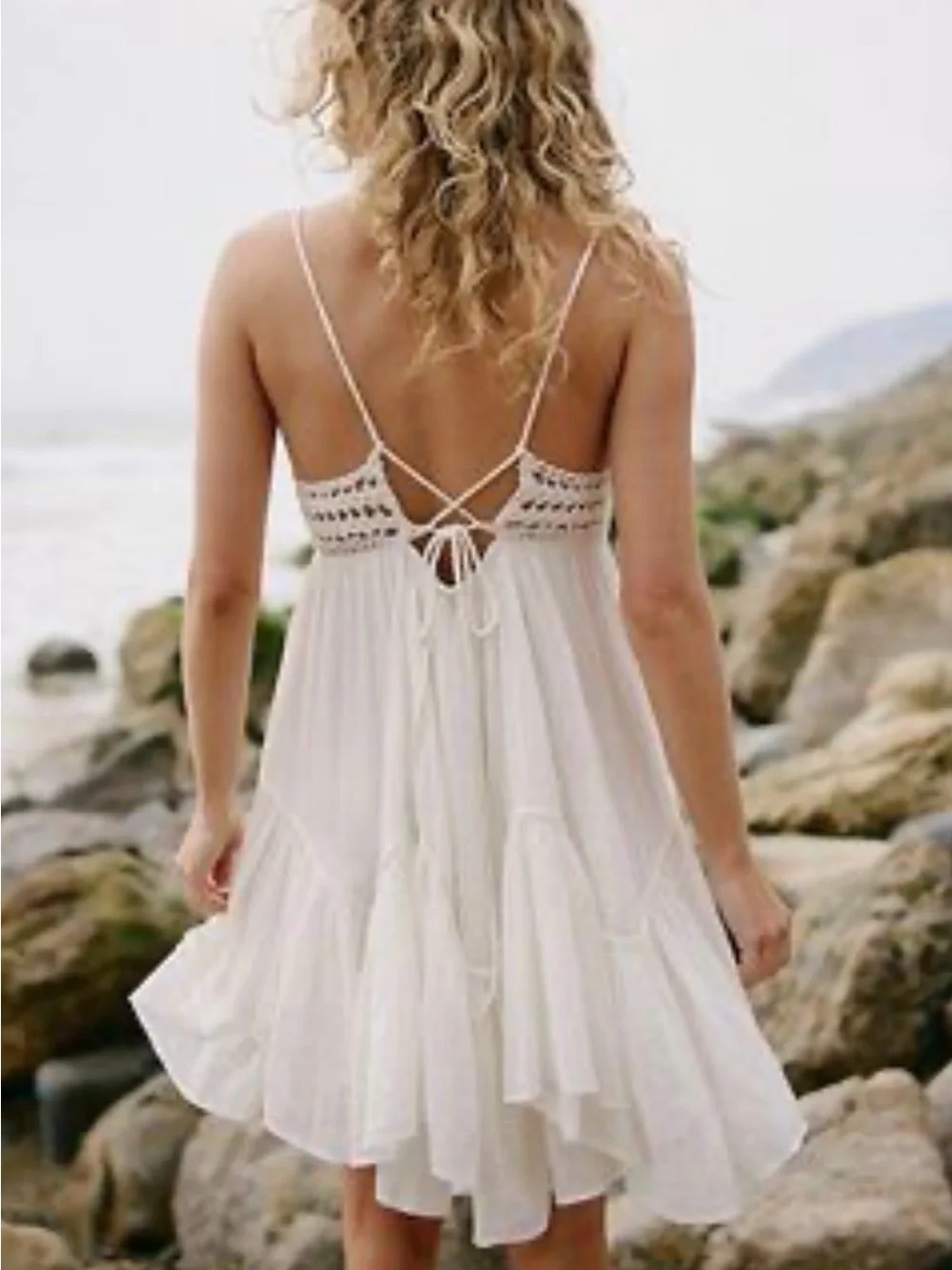 Free People White Crochet Bodice Tiered Mini Dress sz small